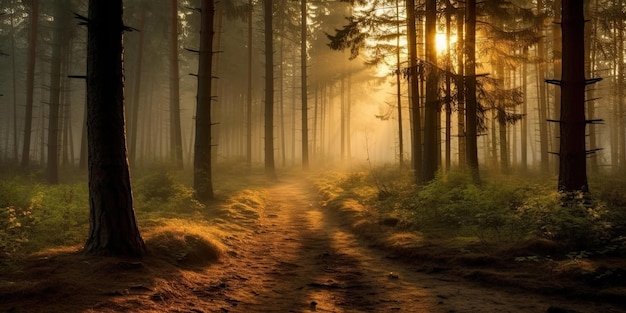 Bosque por la mañana en una niebla en el sol árboles en una bruma de luz brilla la niebla entre los árboles