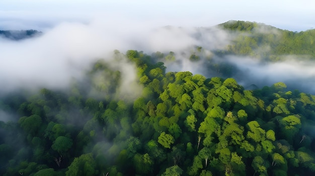 Un bosque por la mañana con nubes y árboles.