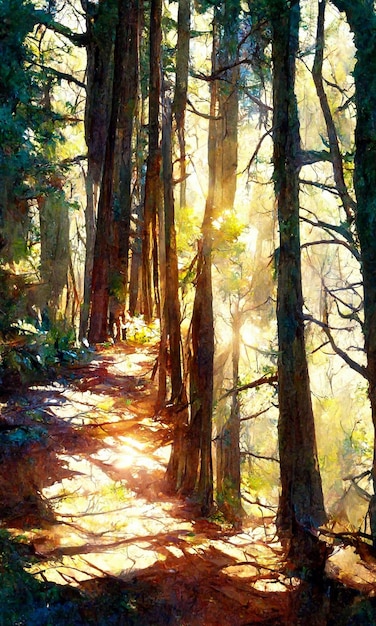 Bosque en la mañana soleada ilustración 3D