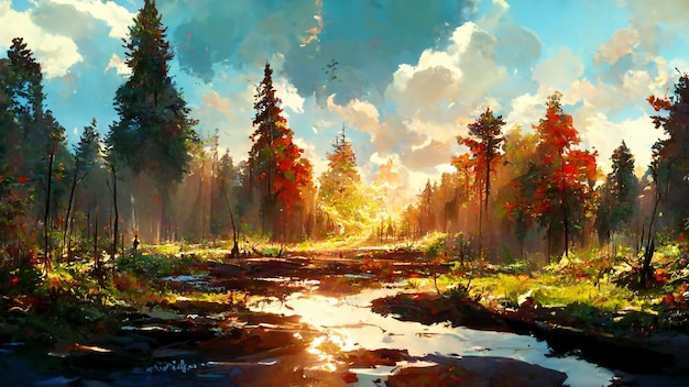 Bosque en la mañana soleada ilustración 3D