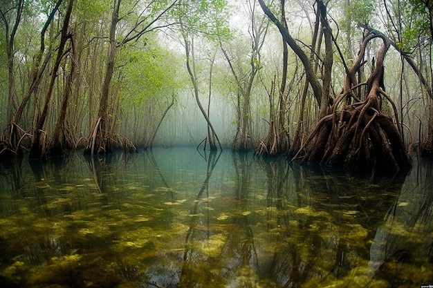 Un bosque de manglares con árboles y agua en primer plano