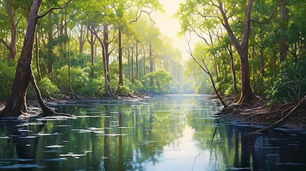 Foto el bosque de manglares de australia, una pintura de paisaje reverente y tranquilo