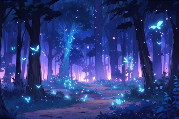 un bosque con mariposas en la noche