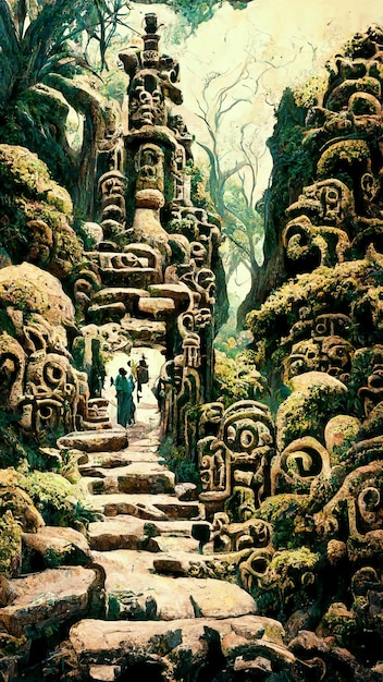 Bosque Maya antigua cultura Azteca e Inca civilización 3D ilustración