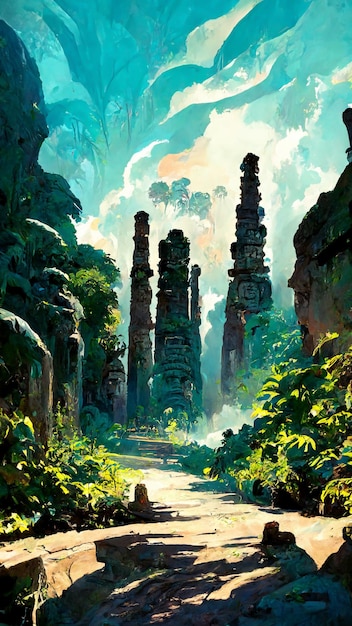 Bosque maya en la mañana soleada ilustración 3D