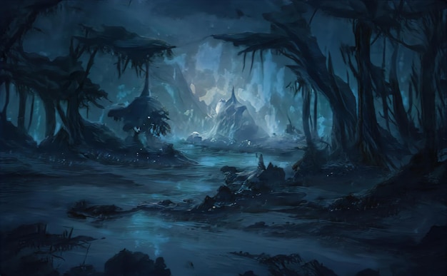 Bosque misterioso de cuento de hadas mágico en las montañas Silueta de árboles aterradores en un bosque denso Paisaje de pinos en el bosque neblina y niebla Ilustración
