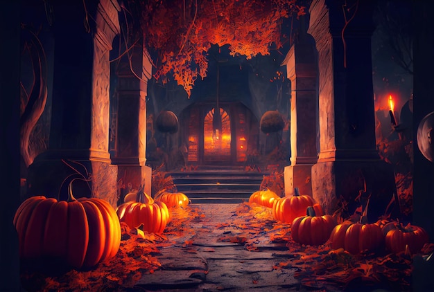 Bosque misterioso con muchas calabazas Jack O Lantern brillantes Fondo Spooky y concepto del día de Halloween IA generativa