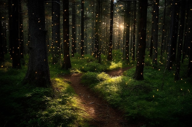 Bosque misterioso por la noche con estrellas doradas y rayos de luz