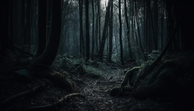 Foto bosque misterioso oscuro espeluznante niebla hoja rama belleza en la naturaleza generada por inteligencia artificial