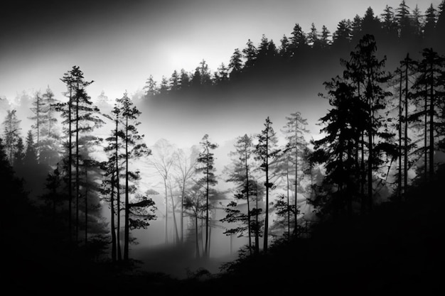 Bosque misterioso silueta escena tranquila en blanco y negro