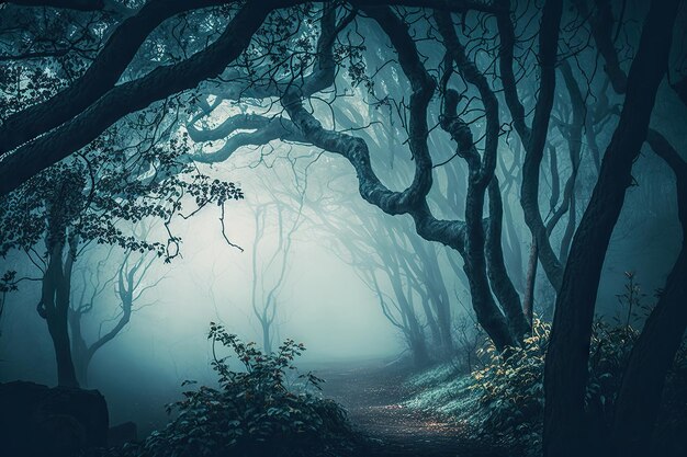 Bosque místico con árboles brumosos y niebla en el aire.