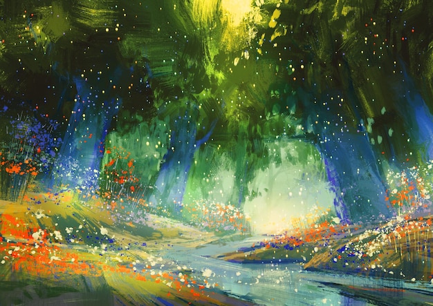 bosque místico azul y verde con una atmósfera de fantasía, pintura de ilustración