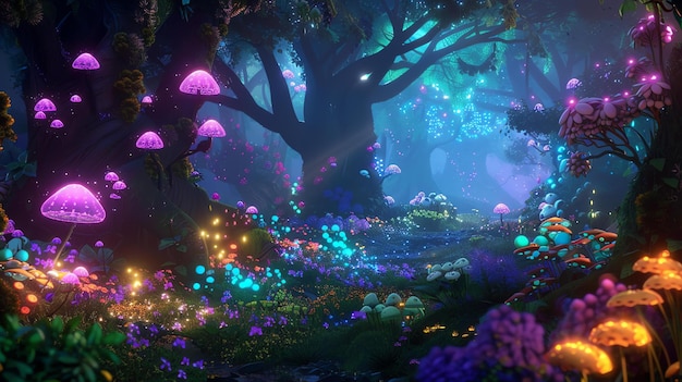 Bosque místico brillante hongos y flores brillantes en el bosque nocturno Paisaje de cuento de hadas con hongos mágicos