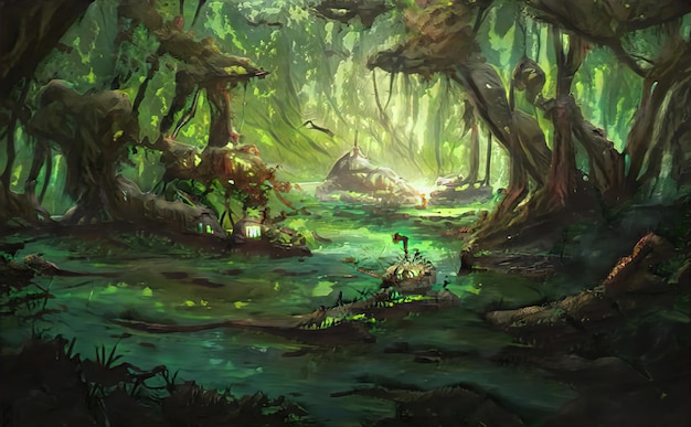 Bosque místico de cuento de hadas aterrador Árboles espeluznantes retorcidos paisaje de bosque mágico Árboles de arte cerca del camino Naturaleza increíble del valle del bosque