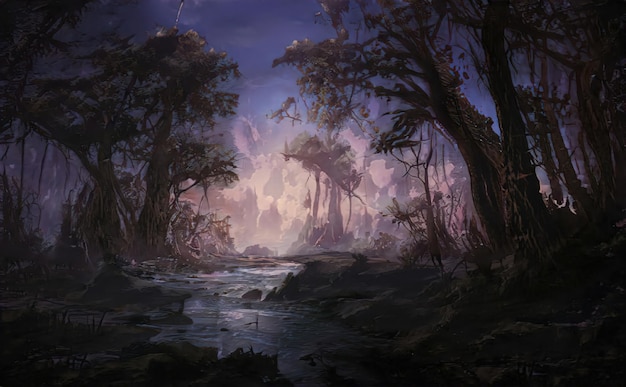 Bosque místico de cuento de hadas aterrador Árboles espeluznantes retorcidos paisaje de bosque mágico Árboles de arte cerca del camino Naturaleza increíble del valle del bosque