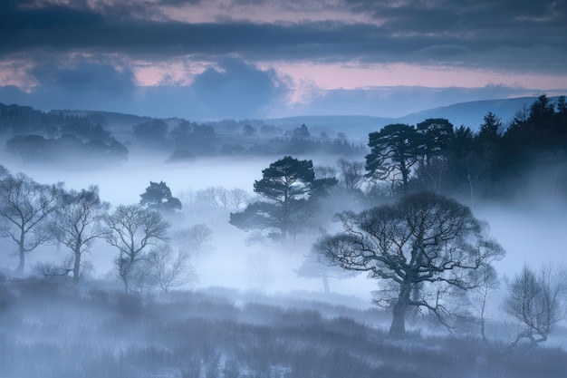 Un bosque místico envuelto en una espesa niebla con árboles que se acercan