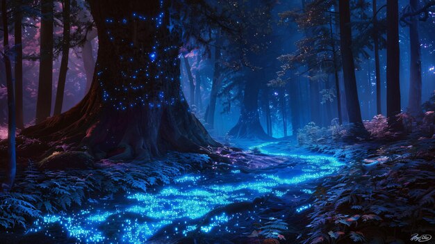 Un bosque místico iluminado por brillantes luces azules de neón después del anochecer.