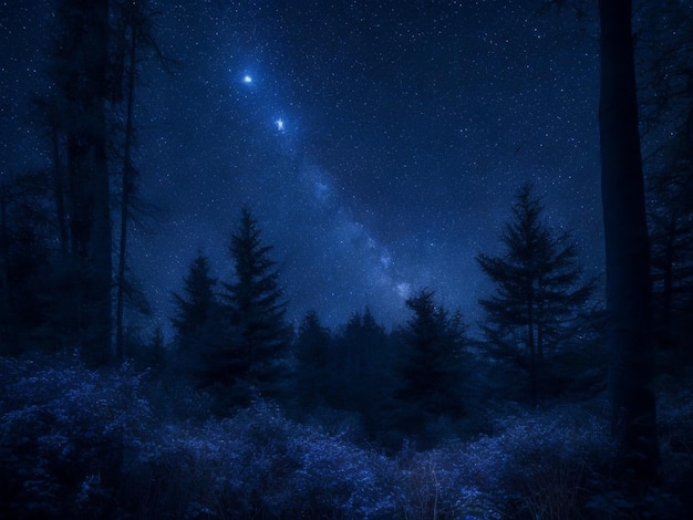 El bosque místico iluminado por la luna, la naturaleza serena, el fondo nocturno.