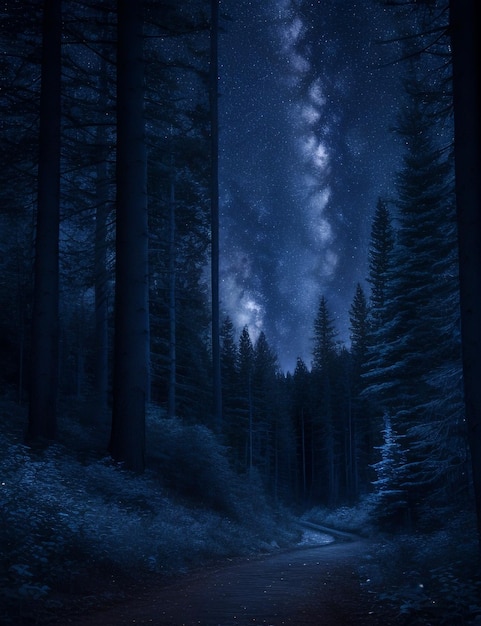 El bosque místico iluminado por la luna, la naturaleza serena, el fondo nocturno.