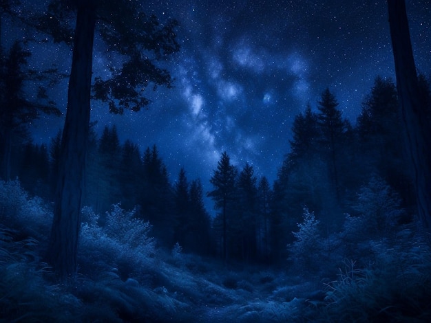 El bosque místico iluminado por la luna, la naturaleza serena, el fondo nocturno.