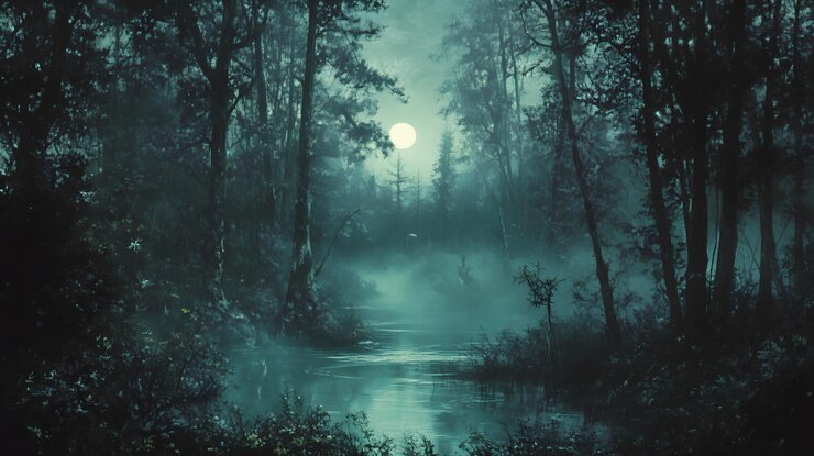 Un bosque místico iluminado por la luna con un tranquilo arroyo