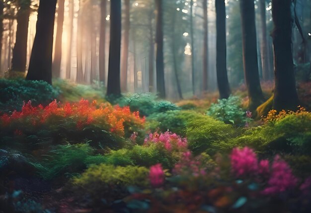 bosque místico lleno de colorida flora y fauna invitando a los espectadores a un mundo mágico