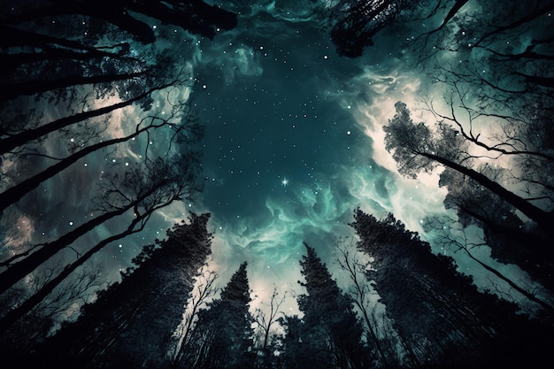 Bosque místico con luna llena y estrellas en el cielo nocturno
