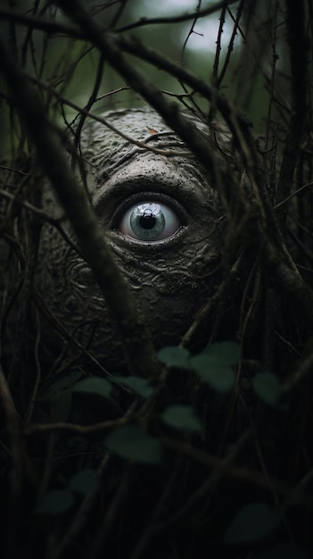 Foto bosque místico con ojos de horror mirando fantasmas horror surrealista cigüeña ojos grandes