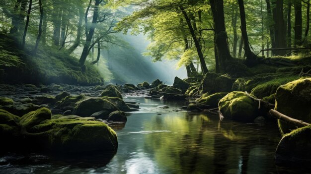 Bosque místico con río sereno y luz del sol