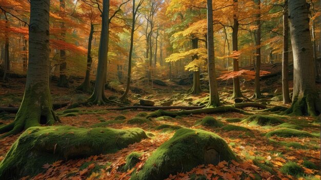 Bosque místico en el vibrante otoño con rocas de musgo