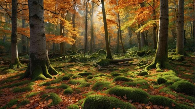 Bosque místico en el vibrante otoño con rocas de musgo