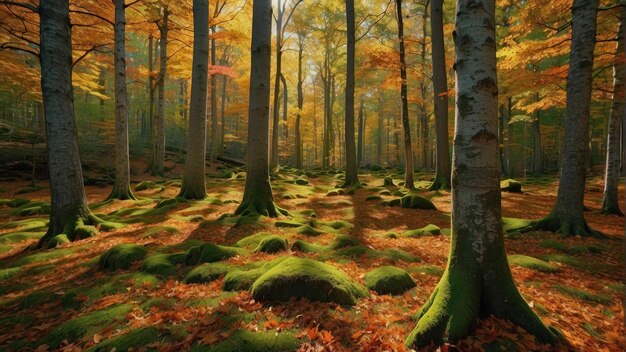 Bosque místico en el vibrante otoño con rocas de musgo