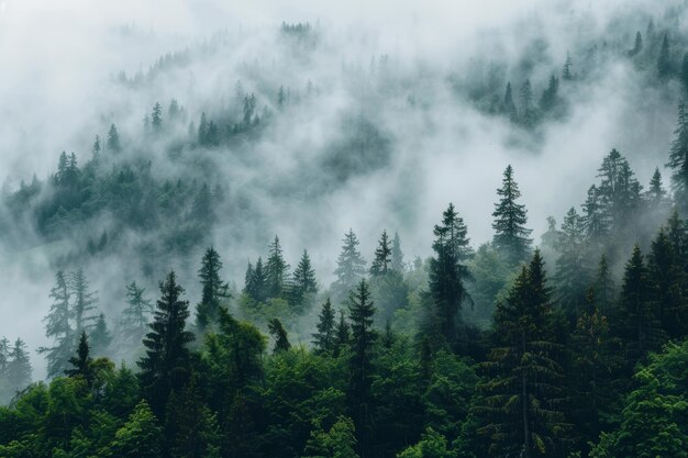 Bosque de montaña brumoso ideal para aventuras activas de senderismo y exploración al aire libre