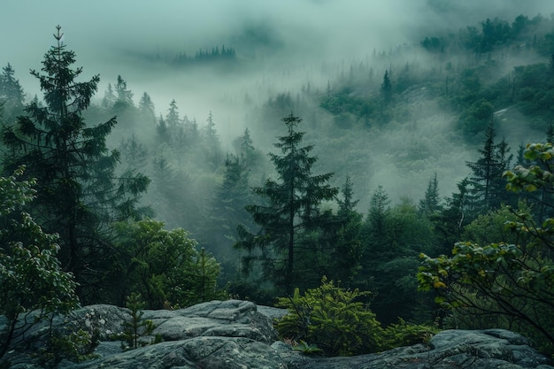 Bosque de montaña brumoso ideal para aventuras activas de senderismo y exploración al aire libre