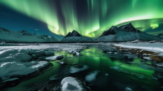 Bosque de montaña con cielo nocturno de aurora