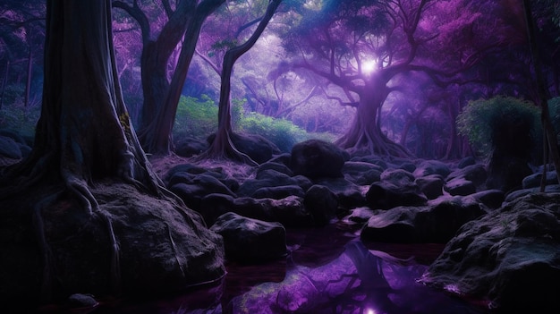 Un bosque morado con un árbol en el medio.