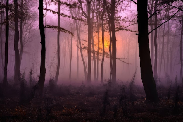 Bosque morado oscuro con amanecer brumoso creado con ai generativo