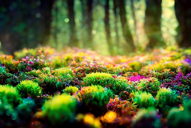 un bosque con muchas flores verdes y moradas.