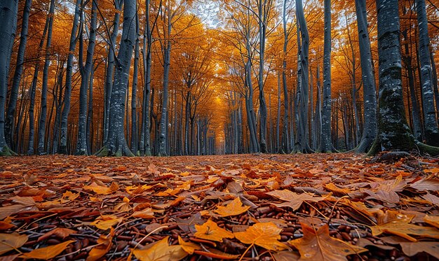 un bosque con muchos árboles y la palabra cae en el suelo