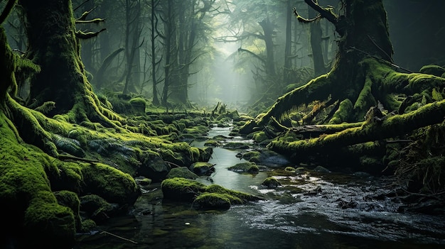 Bosque de musgo con árboles derribados en lo profundo de un bosque místico