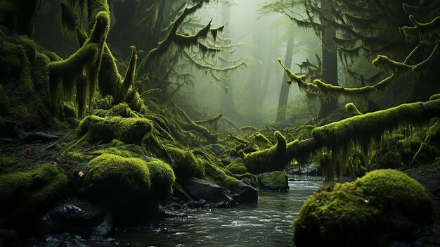 Bosque de musgo con árboles derribados en lo profundo de un bosque místico