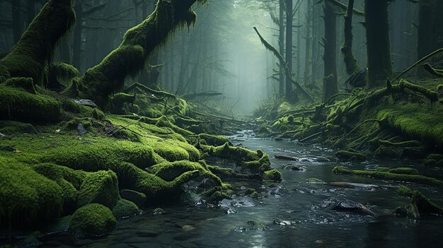 Bosque de musgo y niebla con árboles derribados