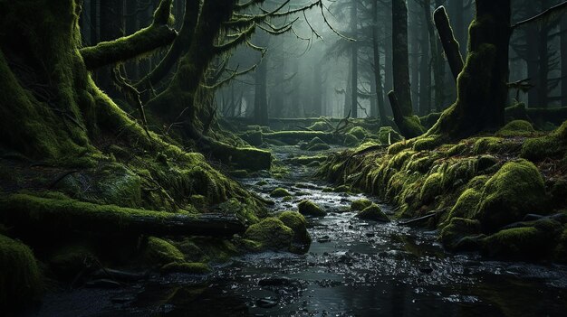 Bosque de musgo y niebla con árboles derribados