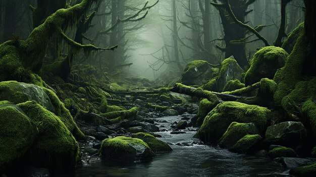 Bosque de musgo y niebla con árboles derribados