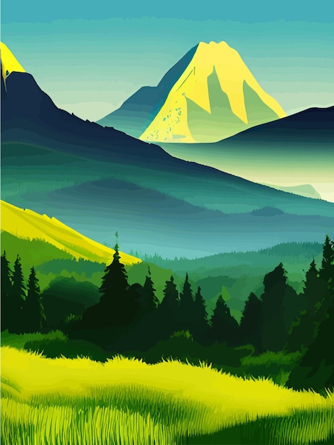 Bosque natural bosque de pino natural montañas horizonte paisaje papel tapiz Amanecer y atardecer Vector de ilustración