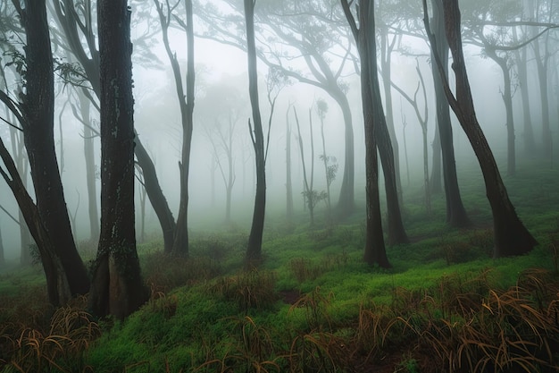 Bosque neblinoso exótico con niebla de árboles altísimos girando alrededor del suelo creado con ai generativa