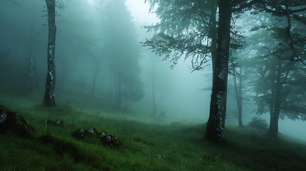 Foto bosque nebuloso con hierba verde y árboles altos el bosque está lleno de misterio y maravilla