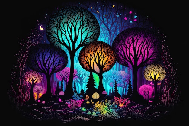 Bosque de neón de fantasía con colores deslumbrantes que parecen una historia