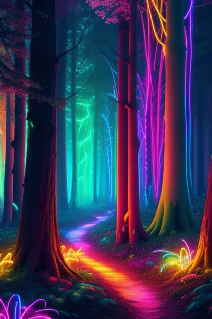 Un bosque de neón surrealista iluminado por un arcoíris de colores como un cuento de hadas cobra vida