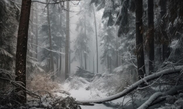 Un bosque nevado con un árbol caído en primer plano